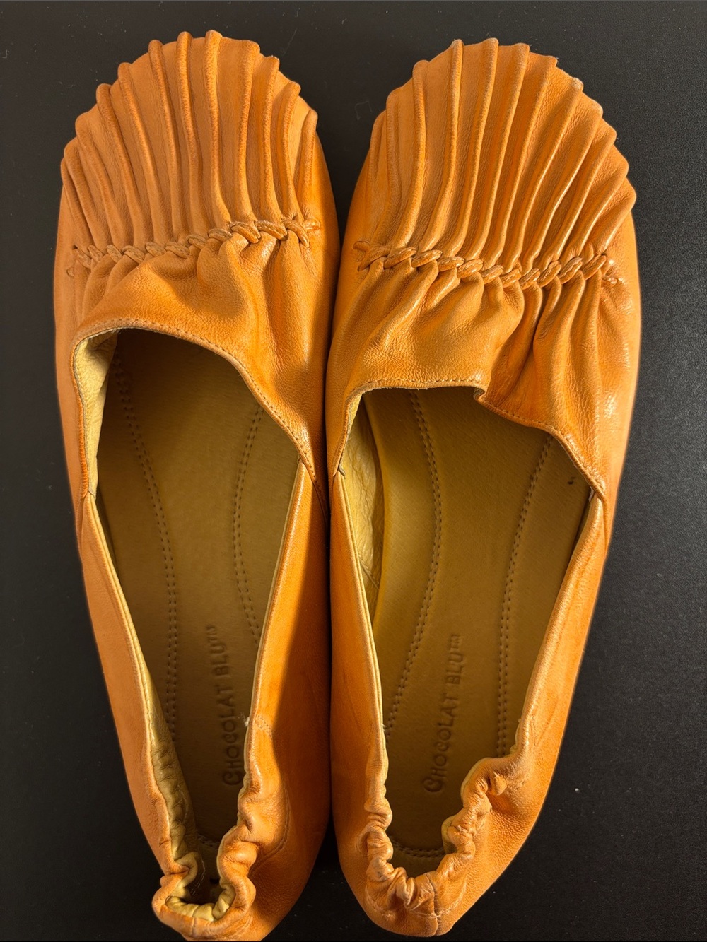 Chocolat Blu Orange Ruched Leather Ballet Flats